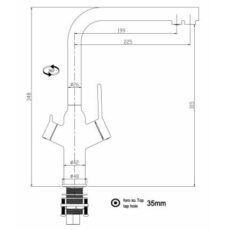 Technische Zeichnung des 3-Wege Wasserhahns aus verchromten Messing